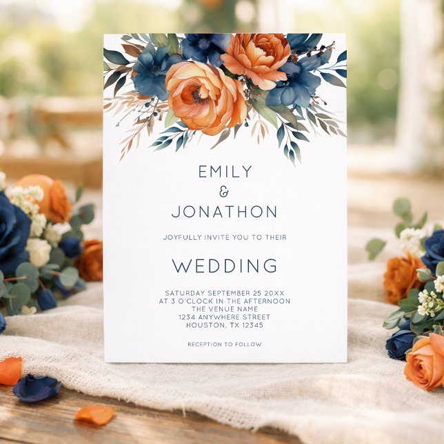 Modern Navy Burnt Orange Florals QR Code Wedding Invitation (Creator Uploaded)