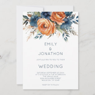 Modern Navy Burnt Orange Florals QR Code Wedding Invitation