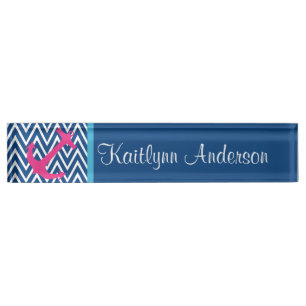 Modern Navy Chevron Pink Nautical Anchor Nameplate