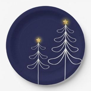 Modern Navy Christmas Tree Graphic Paper Plate