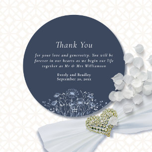 Modern Navy Classic Wildflower Wedding Thank You Classic Round Sticker