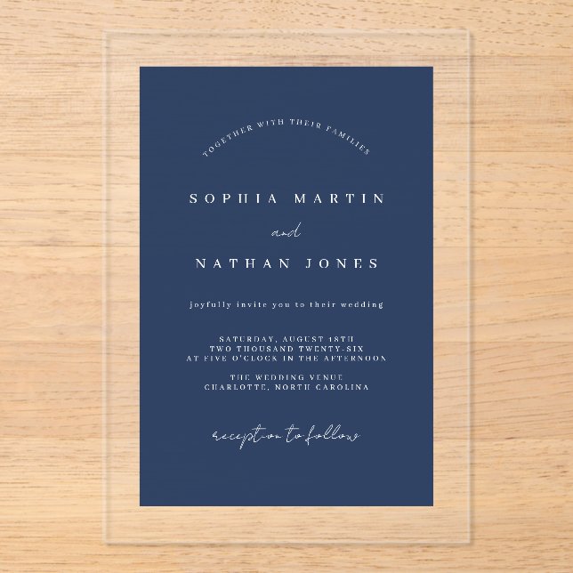Modern Navy Clear Minimalist Wedding  Acrylic Invitations (Front)