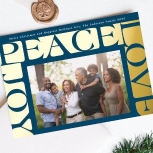 Modern Navy colourful LOVE PEACE JOY photo frame Foil Holiday Card