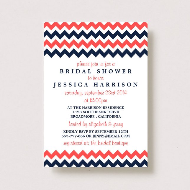 Modern Navy & Coral Chevron Bridal Shower Invitation (Creator Uploaded)