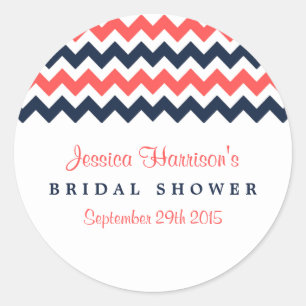 Modern Navy & Coral Chevron Bridal Shower Stickers