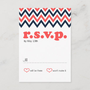 Modern Navy & Coral Chevron & Lovebirds RSVP Card