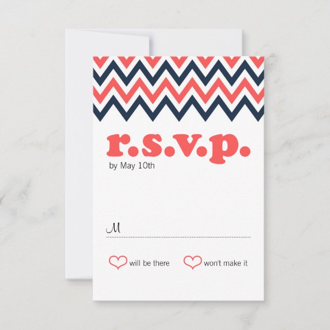 Modern Navy & Coral Chevron & Lovebirds RSVP Card (Front)