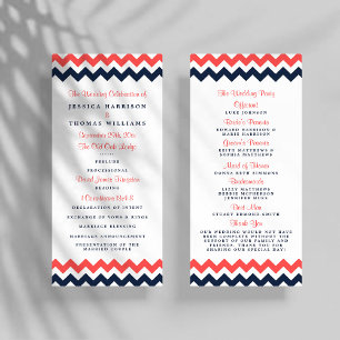 Modern Navy & Coral Chevron Wedding Program Rack Card