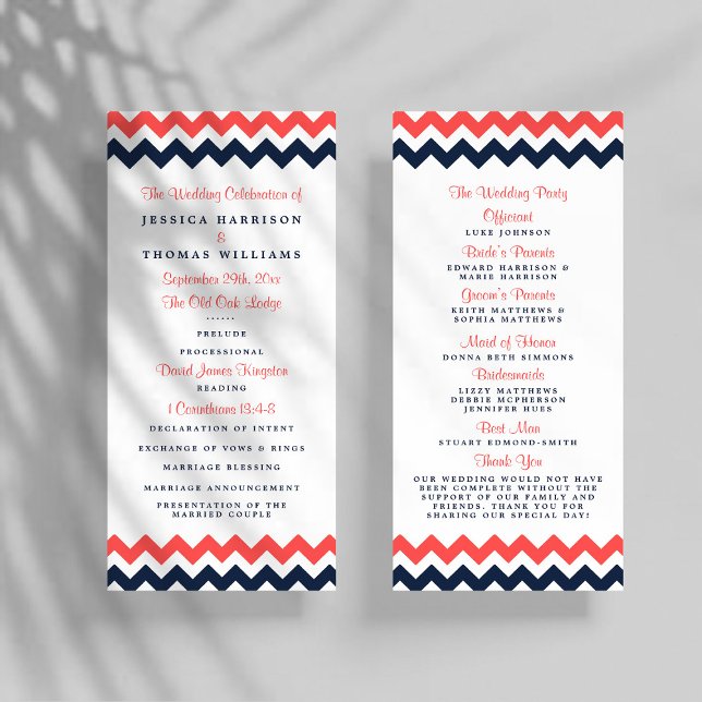 Modern Navy & Coral Chevron Wedding Program Rack Card (Creator Uploaded)