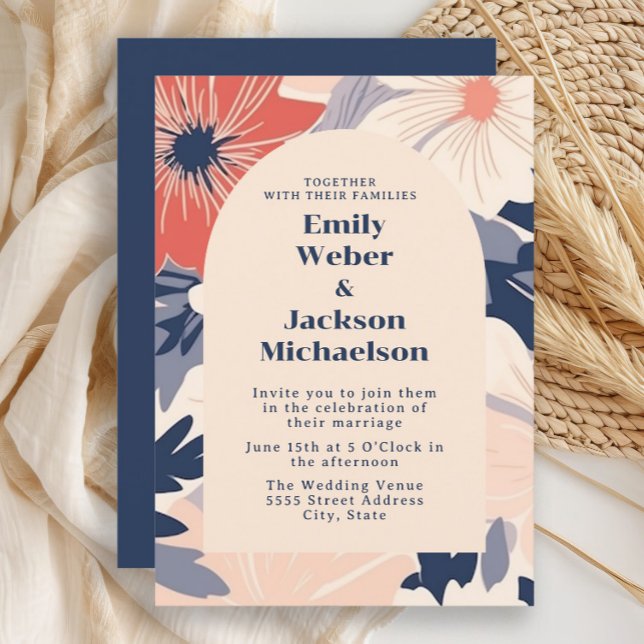 Modern Navy Coral Cream Arch Wedding  Invitation (Navy and coral retro-style flowers wedding invitation)