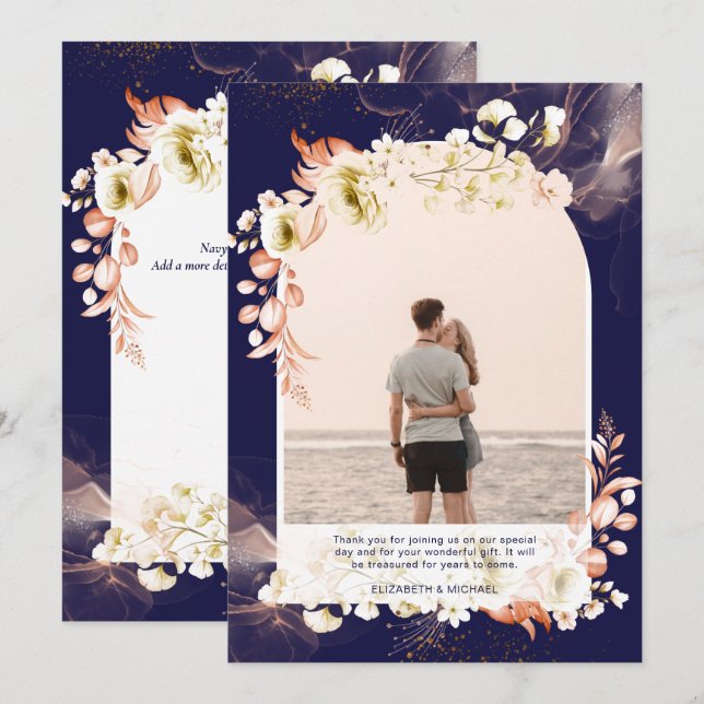 Modern Navy Coral Floral PHOTO THANK YOU Card (Front/Back)