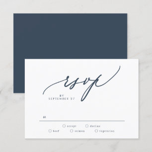 Modern Navy Dark Blue White Simple Wedding RSVP Card