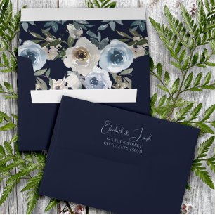 Modern Navy & Dusty Blue Floral Classic Wedding Envelope