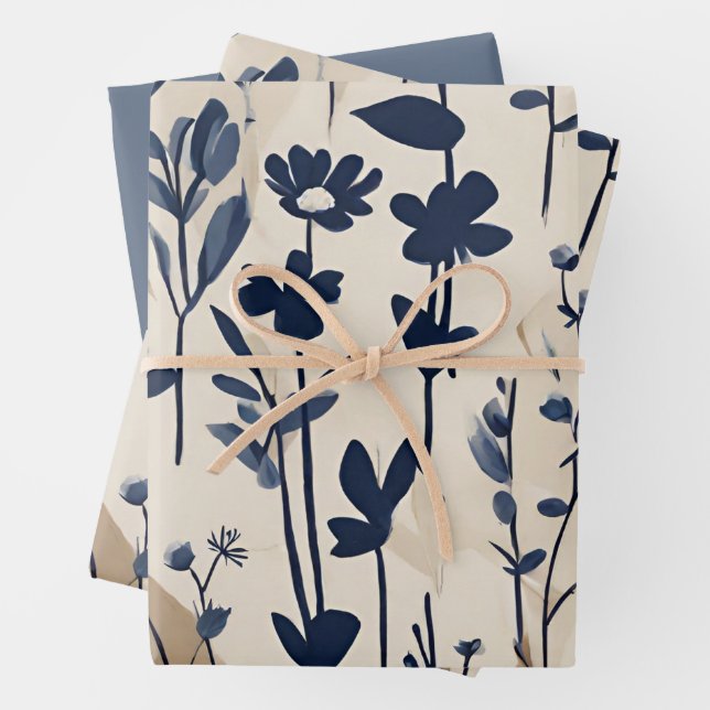 Modern Navy Dusty Blue Floral  Wrapping Paper Sheet (In situ)