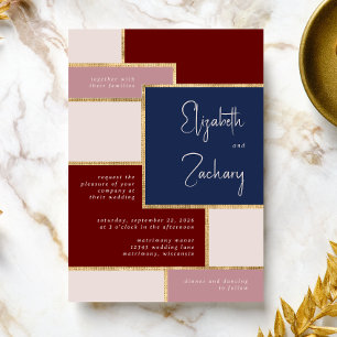 Modern Navy Dusty Rose Burgundy Blush Gold Wedding Invitation