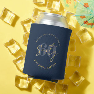 Modern Navy Elegant 60th Birthday Can Cooler