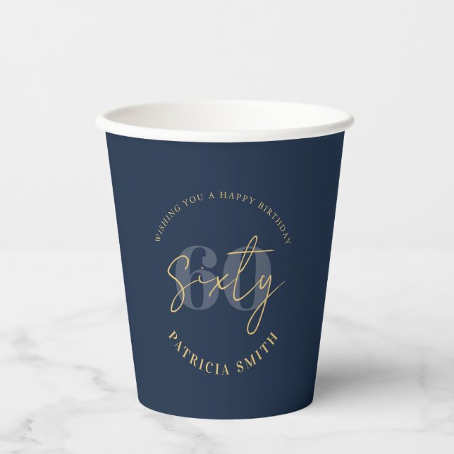 Modern Navy Elegant 60th Birthday Paper Cups (Front)