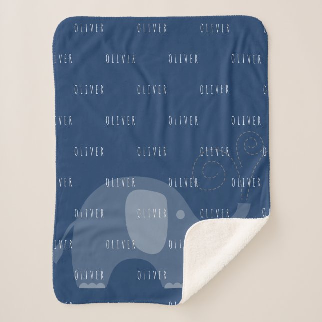 Modern Navy Elephant Personalised Name Boy Sherpa Blanket (Front)