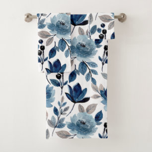 Modern Navy Floral Botanical Watercolor Bath Towel Set