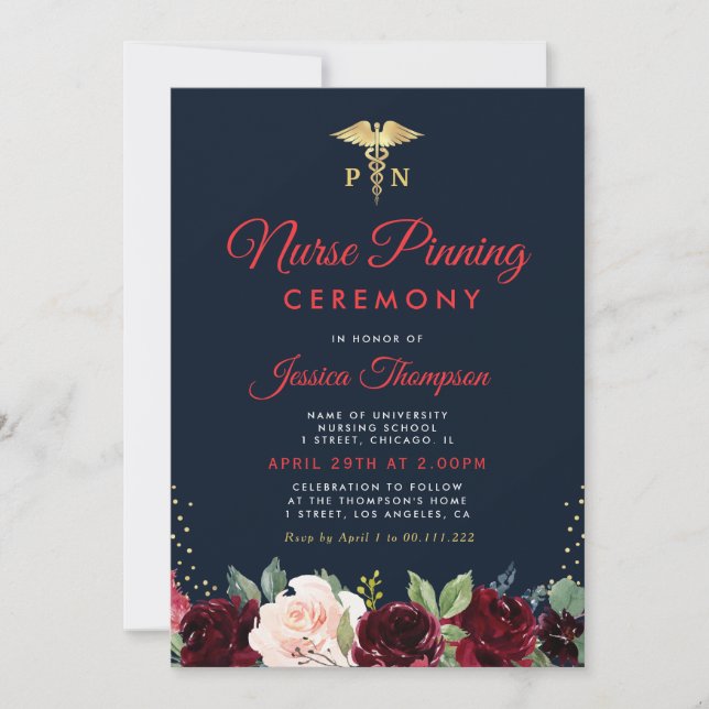 Modern navy floral Nurse pinning ceremony Invitation (Front)