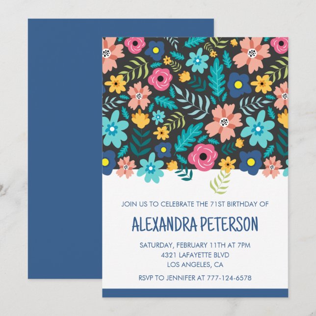 Modern Navy Floral Pattern 71st birthday Invitation (Front/Back)