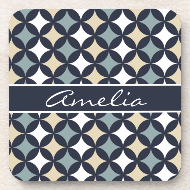 Modern Navy Geometric Circle Pattern Monogram Coaster (Front)