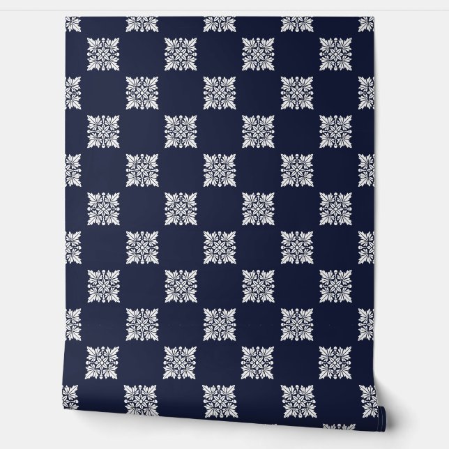 Modern Navy Geometric Floral Peel and Stick Wallpaper (Unrolling)
