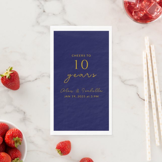 Modern Navy Gold 10th Wedding Anniversary Party Napkin (Insitu)