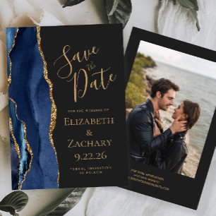 Modern Navy Gold Agate Photo Dark Save The Date