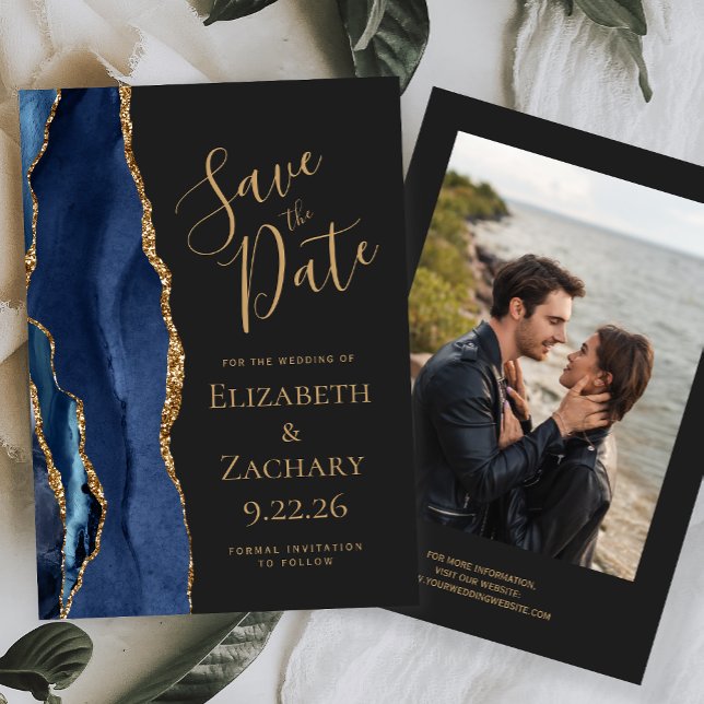 Modern Navy Gold Agate Photo Dark Save The Date (Creator Uploaded)