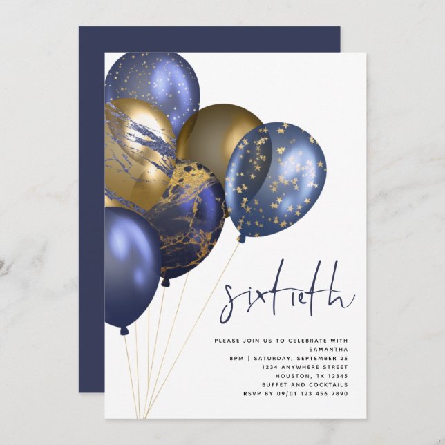Modern Navy Gold Balloons 60th Birthday Party Invitation (Front/Back)