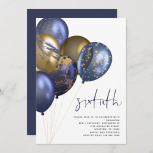Modern Navy Gold Balloons 60th Birthday Party Invitation