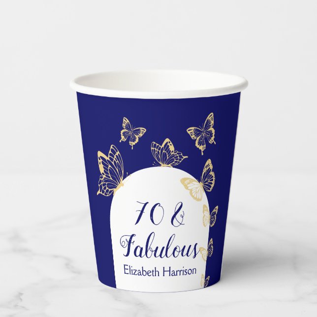 Modern Navy Gold Butterflies Fabulous Birthday Paper Cups (Back)
