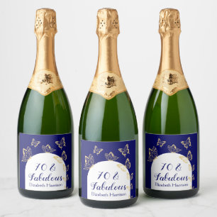 Modern Navy Gold Butterflies Fabulous Birthday Sparkling Wine Label