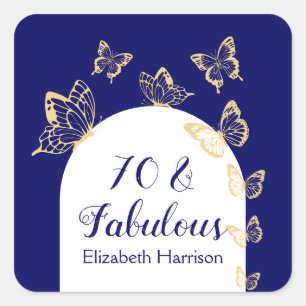 Modern Navy Gold Butterflies Fabulous Birthday Square Sticker