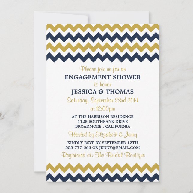 Modern Navy & Gold Chevron Engagement Shower Invitation (Front)