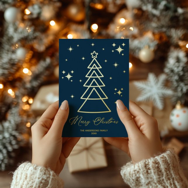 Modern Navy Gold Christmas Tree Photo Foil Holiday Card (Creator Uploaded)