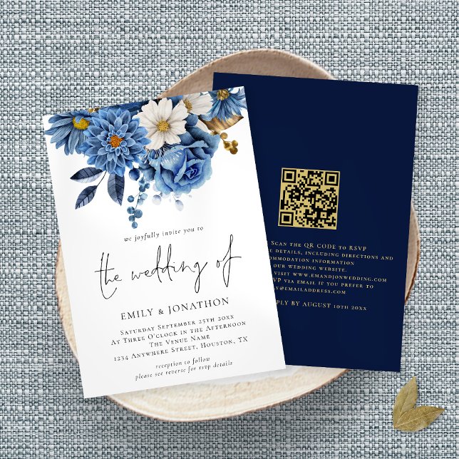 Modern  Navy Gold Florals QR Code Wedding Invitation (Creator Uploaded)