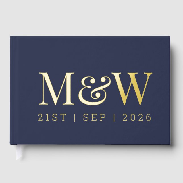 Modern Navy Gold Foil Monogram Initials Wedding Guest Book (Front)