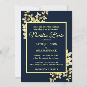 Modern Navy Gold frame Gold Leaves Nuestra Boda Invitation