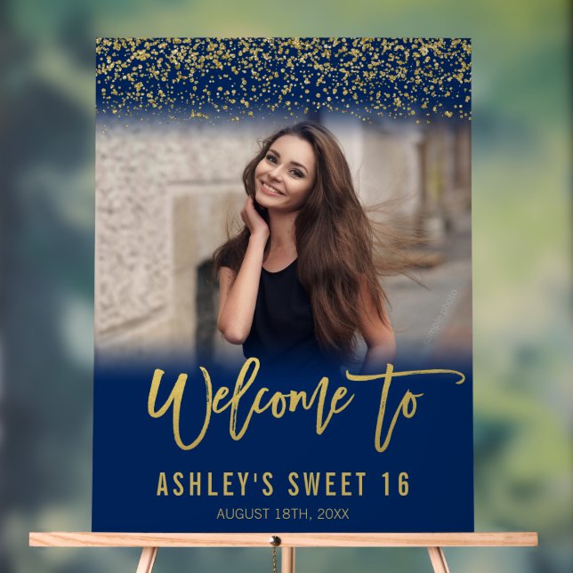 Modern Navy Gold Glitter Sweet 16 Photo Welcome Acrylic Sign (Neutral)