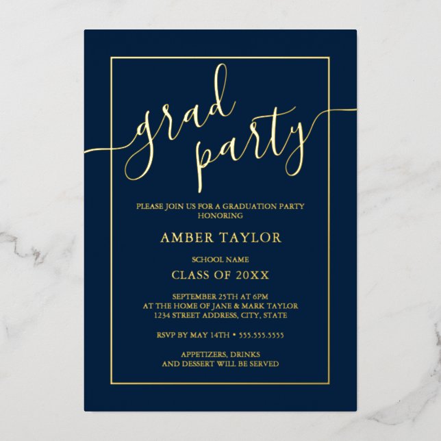 Modern Navy Gold Graduation Party  (Front)