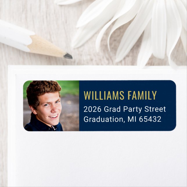 Modern Navy Gold Graduation Photo Return Address Label (Insitu)