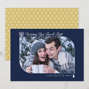 Modern Navy & Gold Love & Light Hanukkah Photo Hol Holiday Card