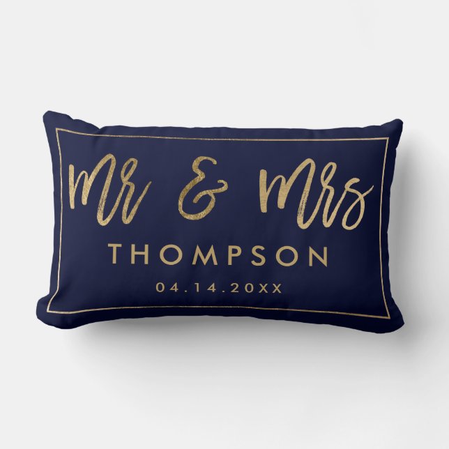 Modern navy gold Mr and Mrs wedding keepsake names Lumbar Cushion (Front)