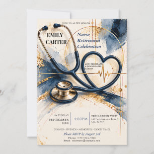 Modern Navy Gold Nurse Retirement Celebration Invitation