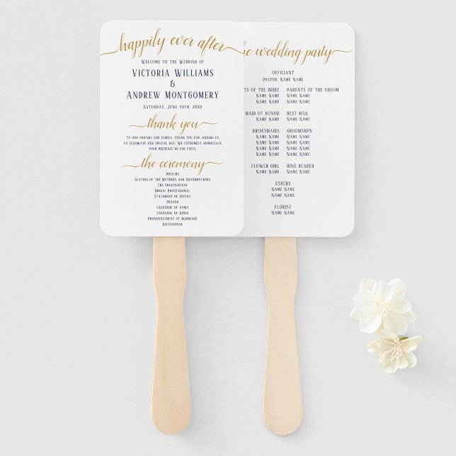 Modern Navy Gold Script Minimal Wedding Program Hand Fan (Front and Back)