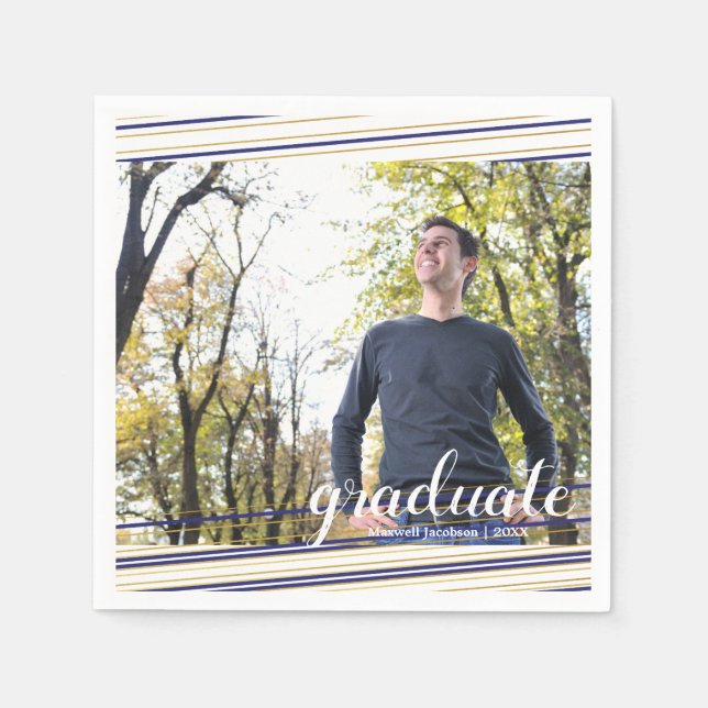 Modern Navy & Gold Stripes Graduate Party Napkins (Front)