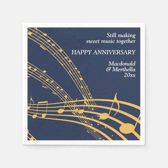 Modern Navy Gold SWEET MUSIC Happy Anniversary Napkin (Front)