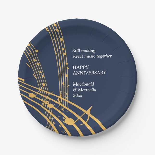 Modern Navy Gold SWEET MUSIC Happy Anniversary Paper Plate (Front)